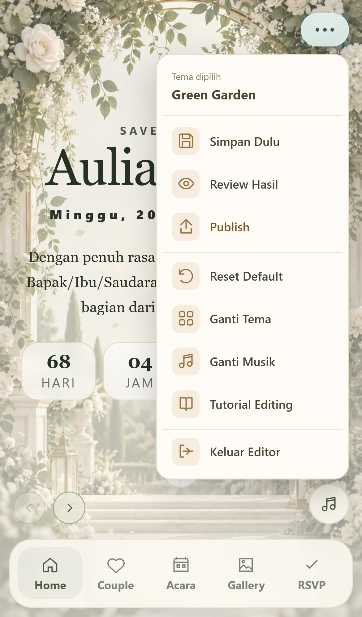 Screenshot asli Editor Visual Weddingku dengan menu editing